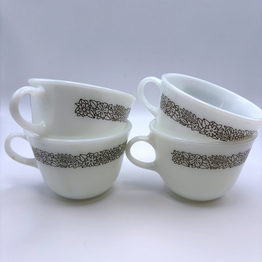 Vtg PYREX Woodland Brown Milk Glass Coffee Cups Set 4 Retro 1970s Boho Tea Mugs